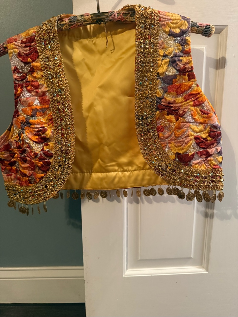 Yellow floral open front vest coin fringe